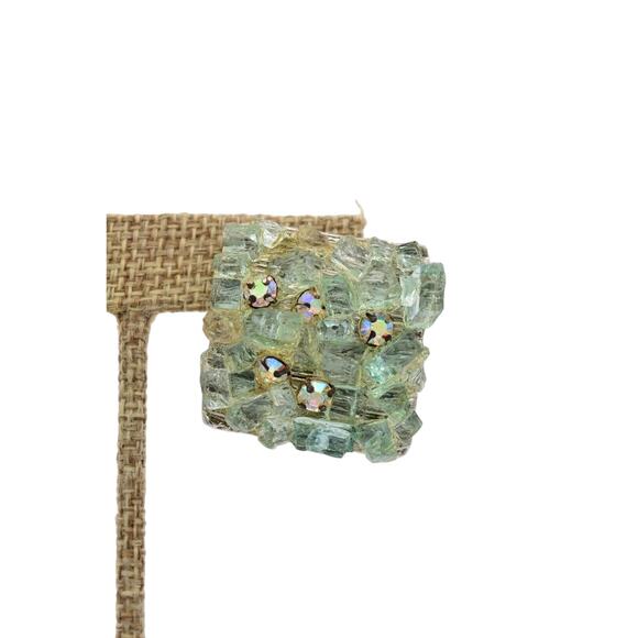 Lori B Vintage Crystal Earrings Pressed Glass Green AB Heavy Signed 1980s Bin4 - Picture 7 of 12